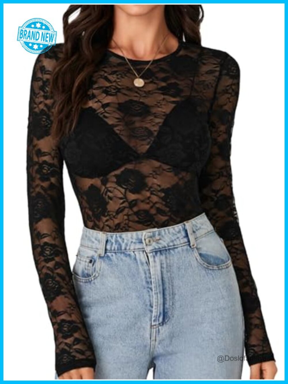 Floral Lace Sheer Mesh Long Sleeve Blouse Crew Neck Slim Fit Top